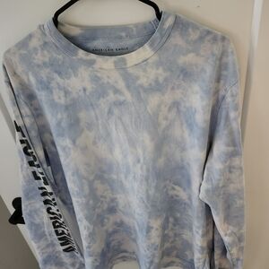 American Eagle Blue and White Tie-Dye Crew Neck Tee
